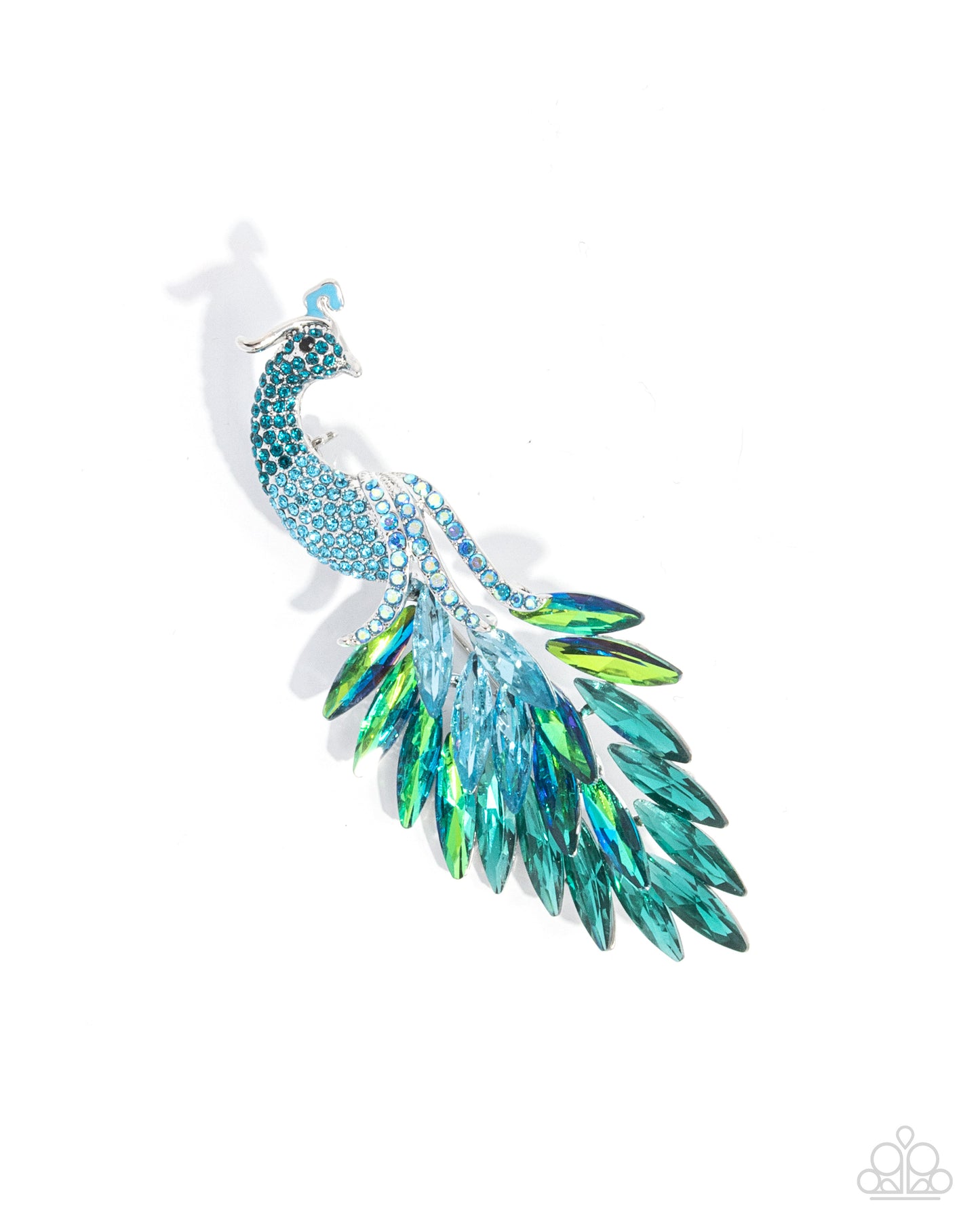 Peacock Pedestal - Blue Iridescent Rhinestone Silver Brooch - Paparazzi Accessories