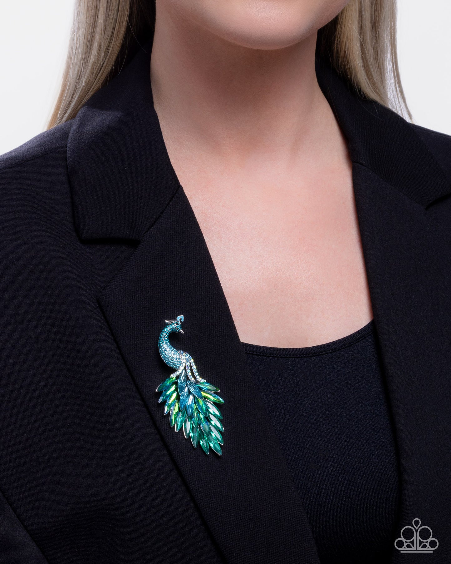 Peacock Pedestal - Blue Iridescent Rhinestone Silver Brooch - Paparazzi Accessories