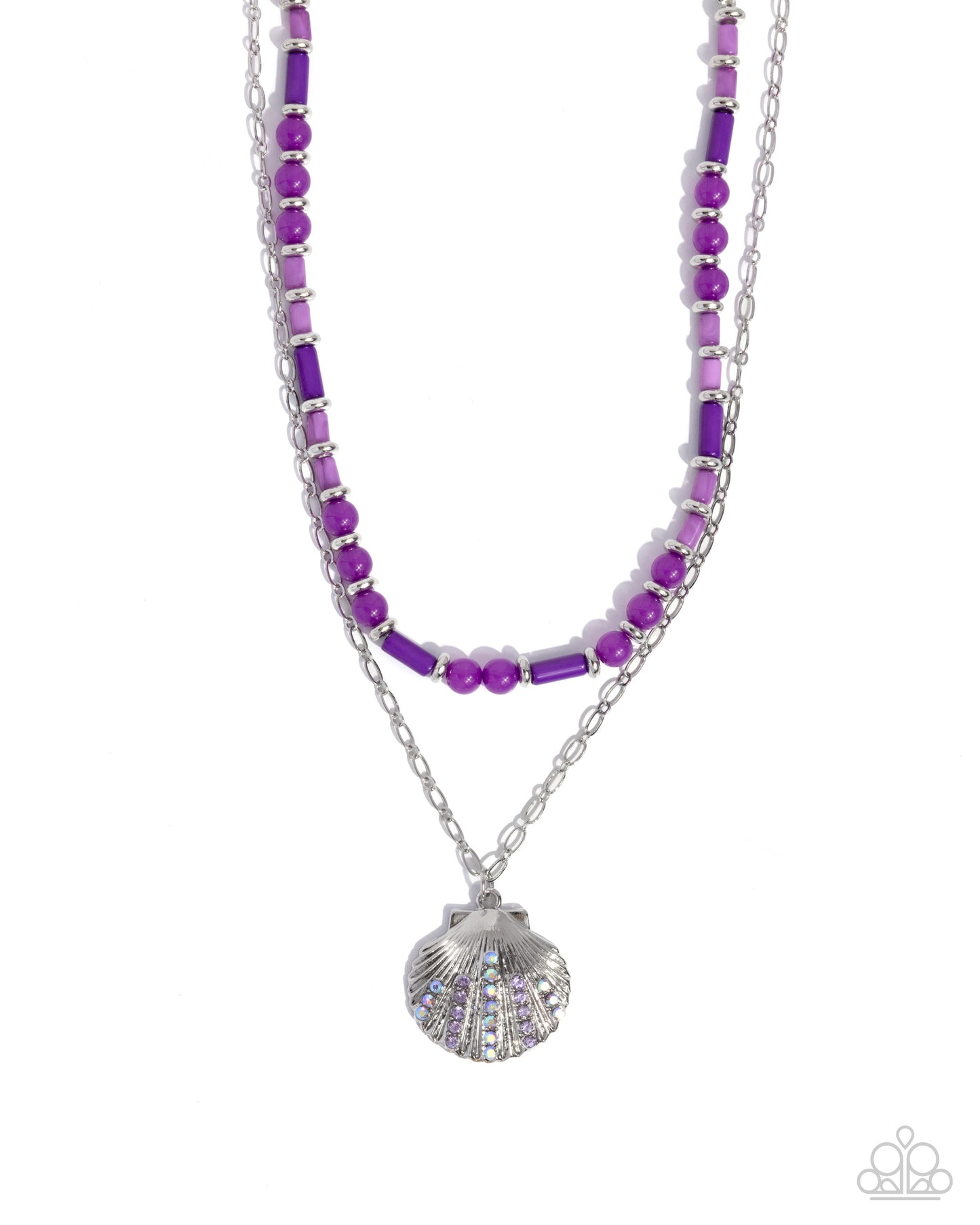 Superior Seashell - Purple Beads Iridescent Rhinestone Silver Shell Necklace - Paparazzi Accessories