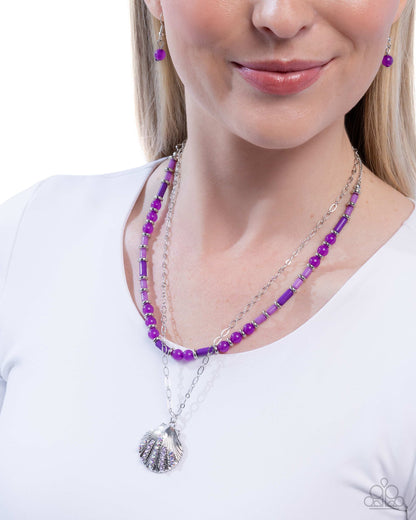 Superior Seashell - Purple Beads Iridescent Rhinestone Silver Shell Necklace - Paparazzi Accessories
