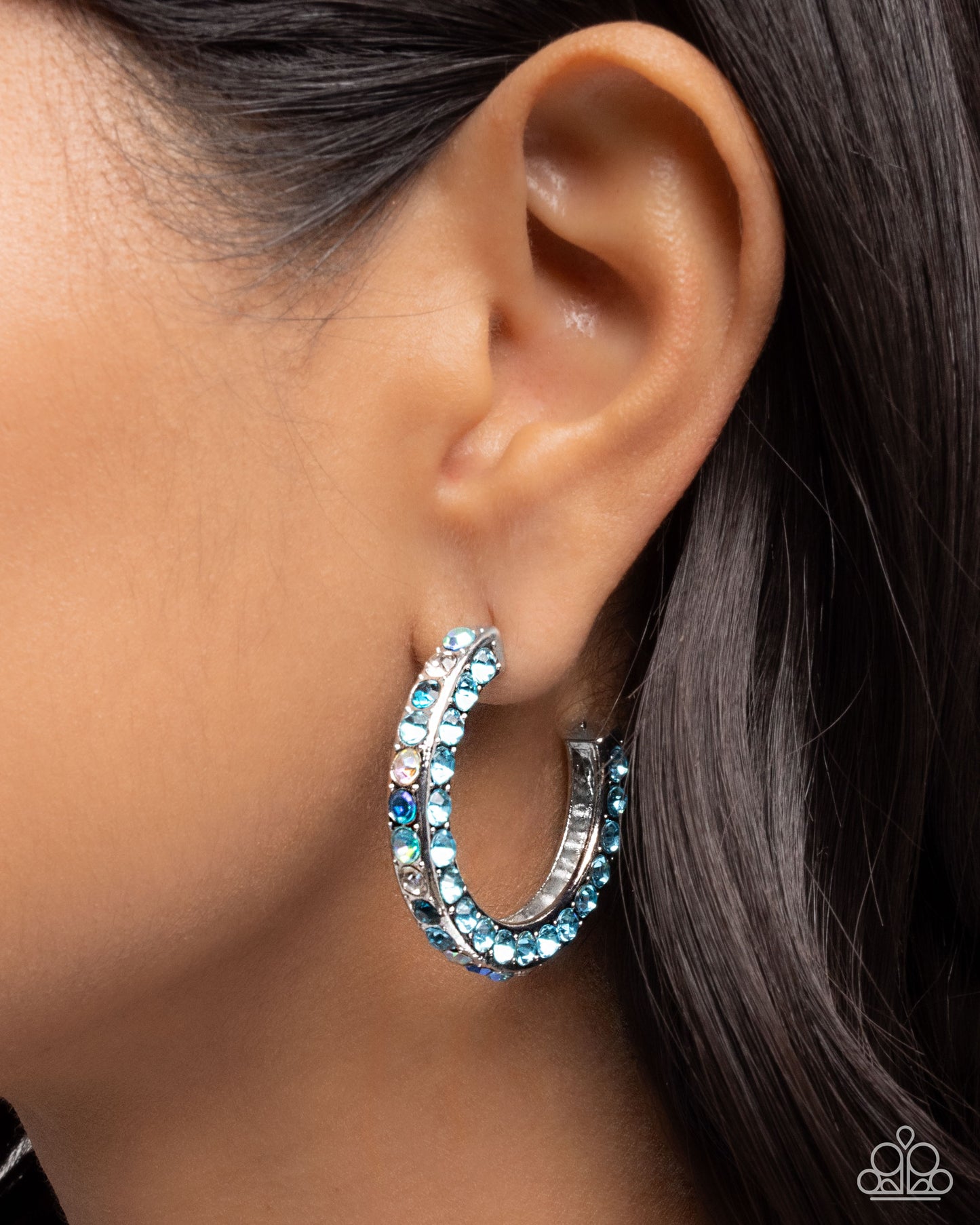 High-Level Haute - Blue Rhinestone, Silver Hoop Earings - Paparazzi Accessories