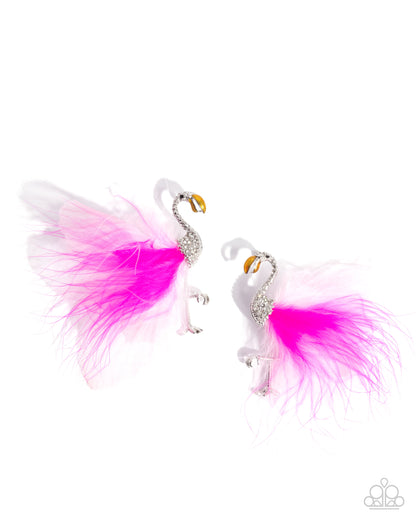 Feathered Flamingo - Pink Chiffon, Feather, White Rhinestone Silver Post Earrings - Paparazzi Accessories