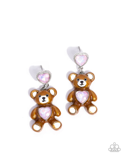 Traditional Teddy - Pink UV Shimmer Heart Gem Brown Enamel Bear Silver Post Earrings - Paparazzi Accessories