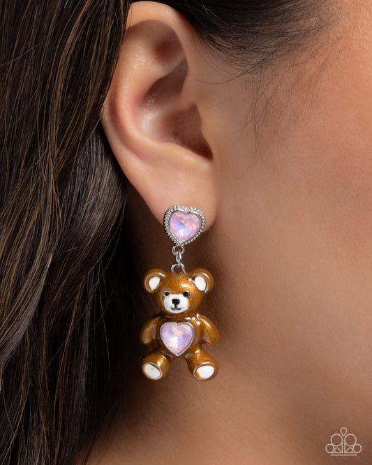 Traditional Teddy - Pink UV Shimmer Heart Gem Brown Enamel Bear Silver Post Earrings - Paparazzi Accessories