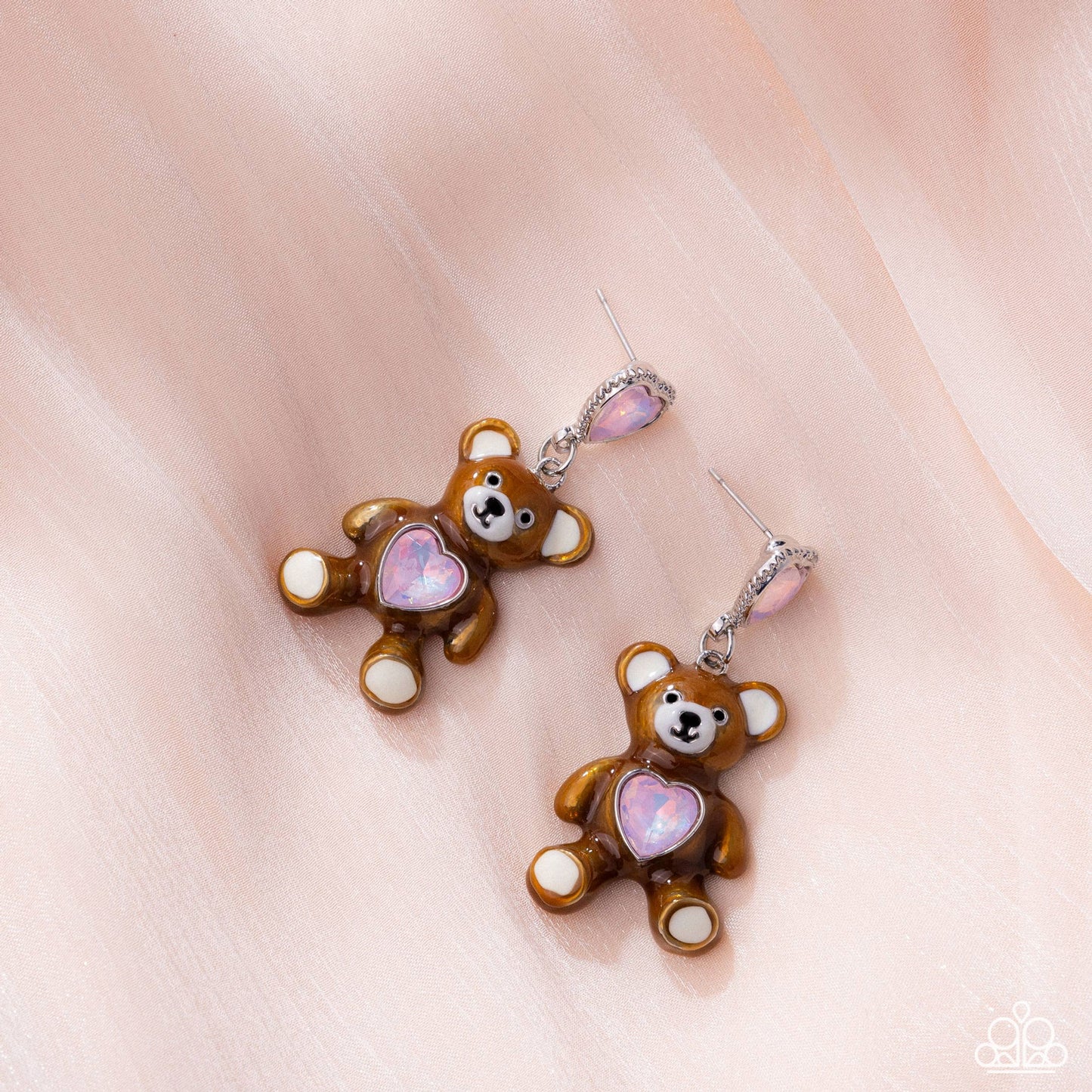 Traditional Teddy - Pink UV Shimmer Heart Gem Brown Enamel Bear Silver Post Earrings - Paparazzi Accessories