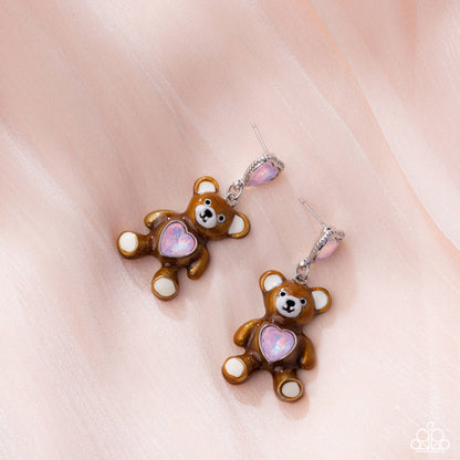 Traditional Teddy - Pink UV Shimmer Heart Gem Brown Enamel Bear Silver Post Earrings - Paparazzi Accessories