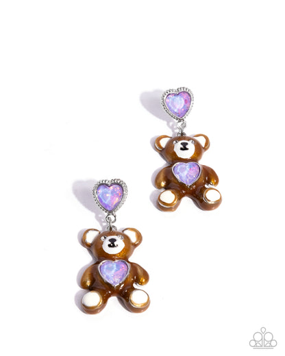 Traditional Teddy - Purple UV Shimmer Heart Gem Brown Enamel Bear Silver Post Earrings - Paparazzi Accessories