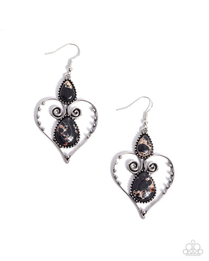 Selfless Stones - Black Marbled Stone Fish Hook Back Earrings - Paparazzi Accessories