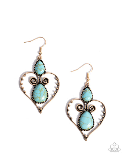 Selfless Stones - Gold Heart, Blue Turquoise Crackle Stone Fishhook Earrings - Paparazzi Accessories