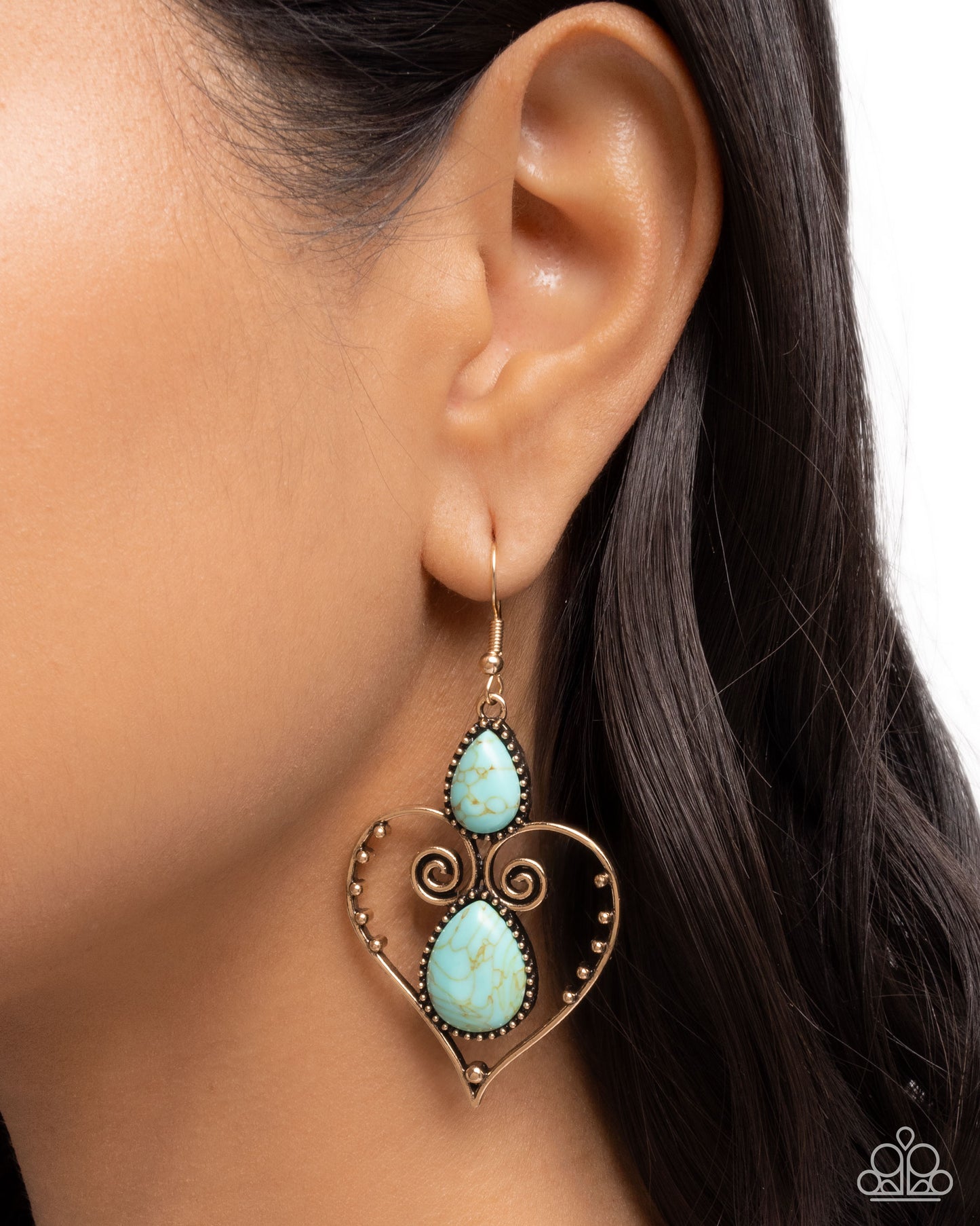 Selfless Stones - Gold Heart, Blue Turquoise Crackle Stone Fishhook Earrings - Paparazzi Accessories