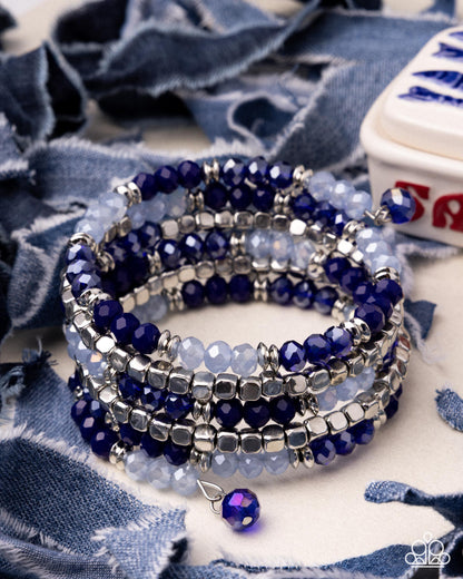 Memorable Masterpiece - Blue Beaded Silver Coil Bracelet - Paparazzi Accessories