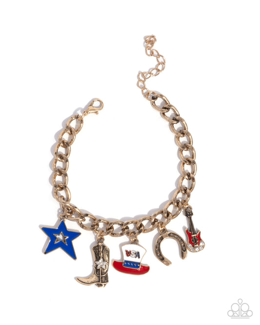 All-American Adornment - Gold Americana Charm Clasp Bracelet - Paparazzi Accessories