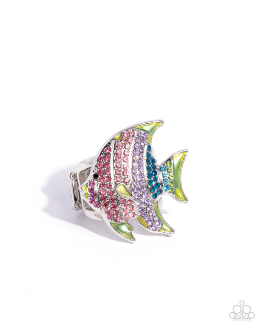 Swimming in Style - Green Enamel, Pink, Purple, Blue Rhinestone Silver Fish Ring - Paparazzi Accessories