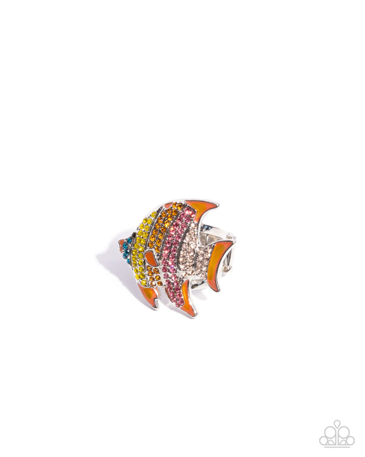 Swimming in Style - Orange Rhinestone Silver Angel Fish Ring - Paparazzi Accessories