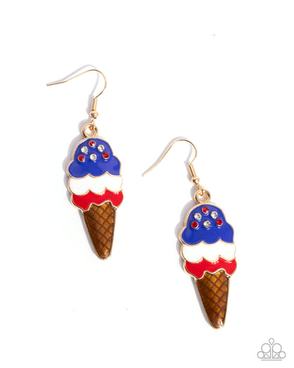 Imaginative Ice Cream - Multi - Red, White, Blue, & Brown Enamel Gold Fishhook Earrings - Paparazzi Accessories