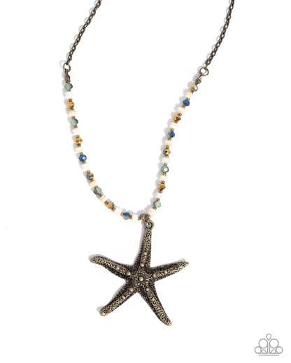 Starfish Symphony - Brass Starfish Pendant UV Bead Necklace - Paparazzi Accessories