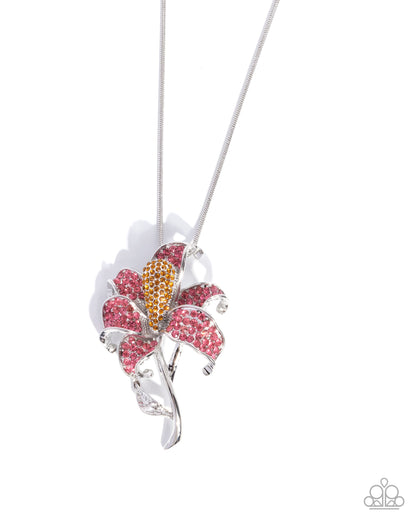 Lily Luminescence - Pink Rhinestone, Silver Lily Necklace - Paparazzi Accessories