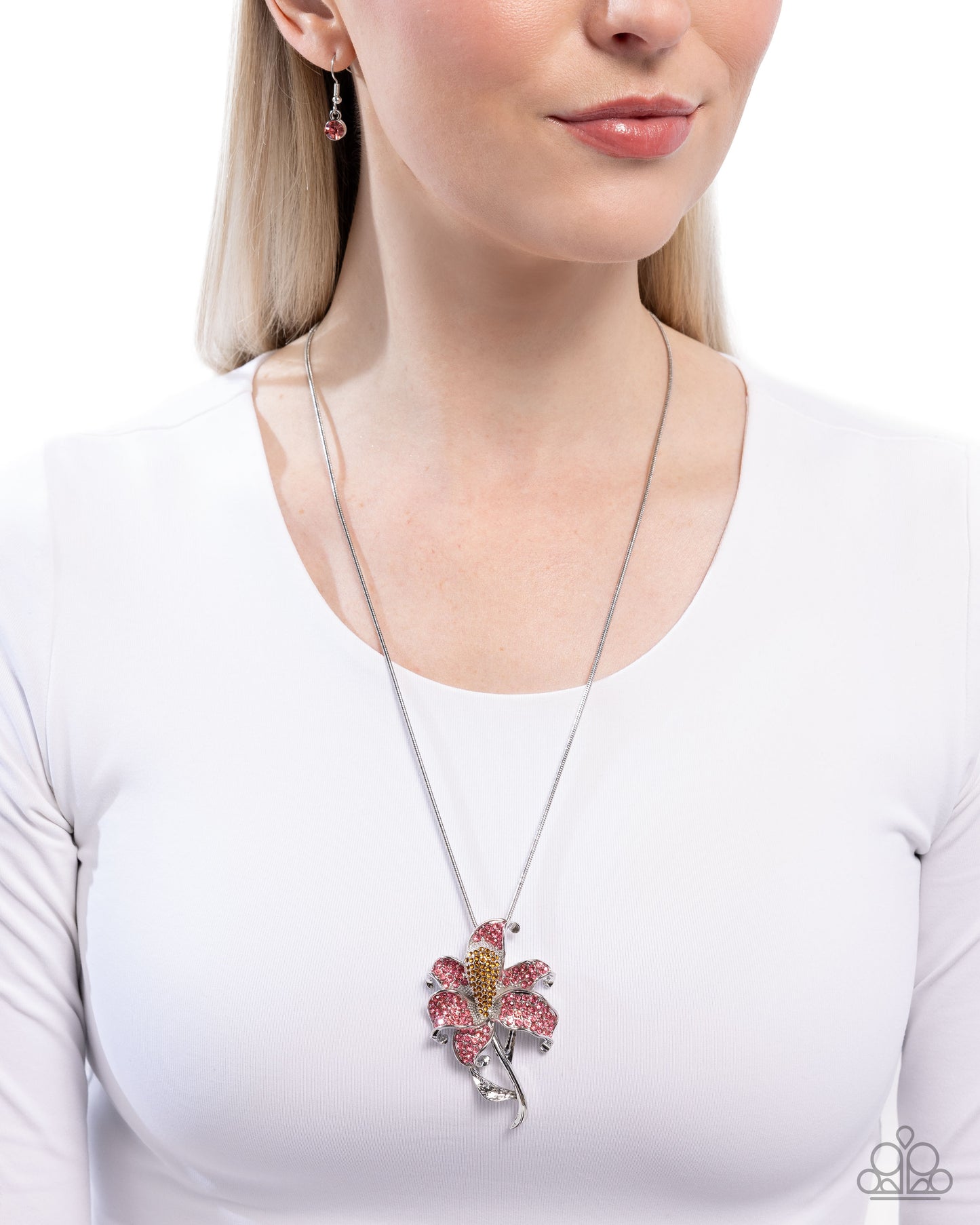 Lily Luminescence - Pink Rhinestone, Silver Lily Necklace - Paparazzi Accessories