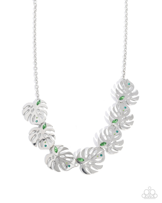 Leafy Legato - Green Rhinestone, Silver Monstera Leaf Necklace - Paparazzi Accessories
