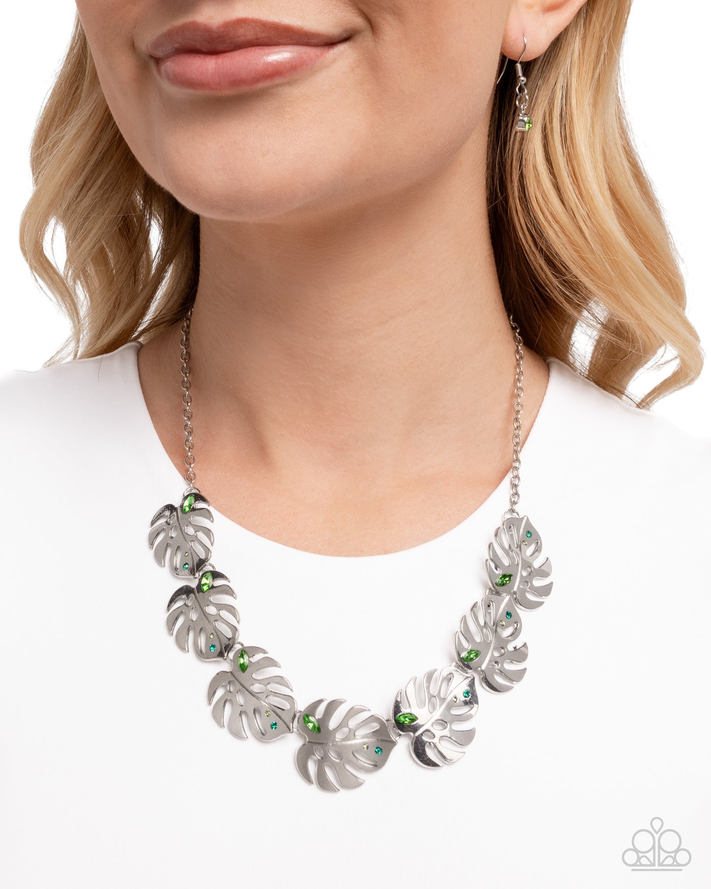 Leafy Legato - Green Rhinestone, Silver Monstera Leaf Necklace - Paparazzi Accessories