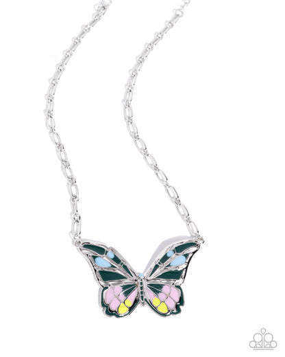Aerial Accolade - Green Enamel Silver Butterfly Necklace - Paparazzi Accessories