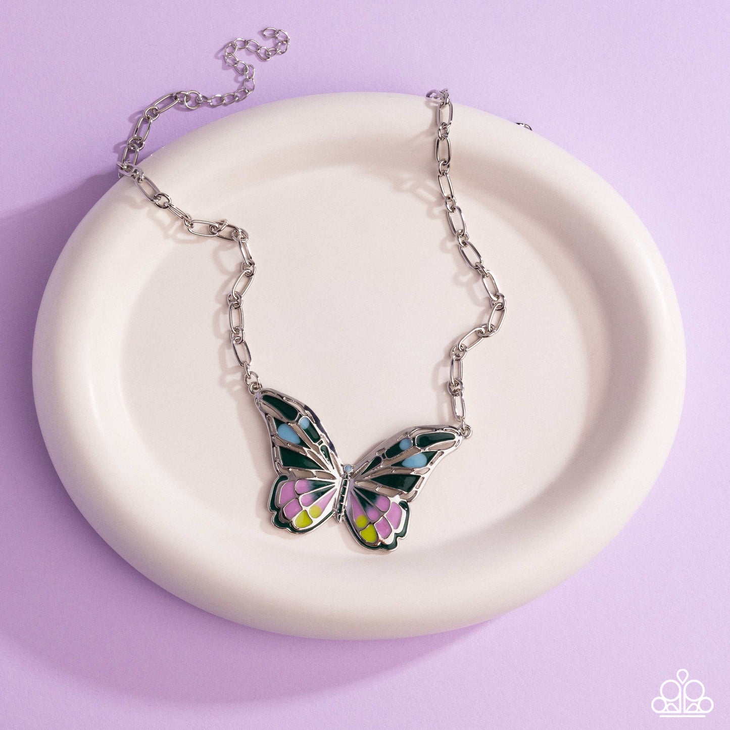 Aerial Accolade - Green Enamel Silver Butterfly Necklace - Paparazzi Accessories