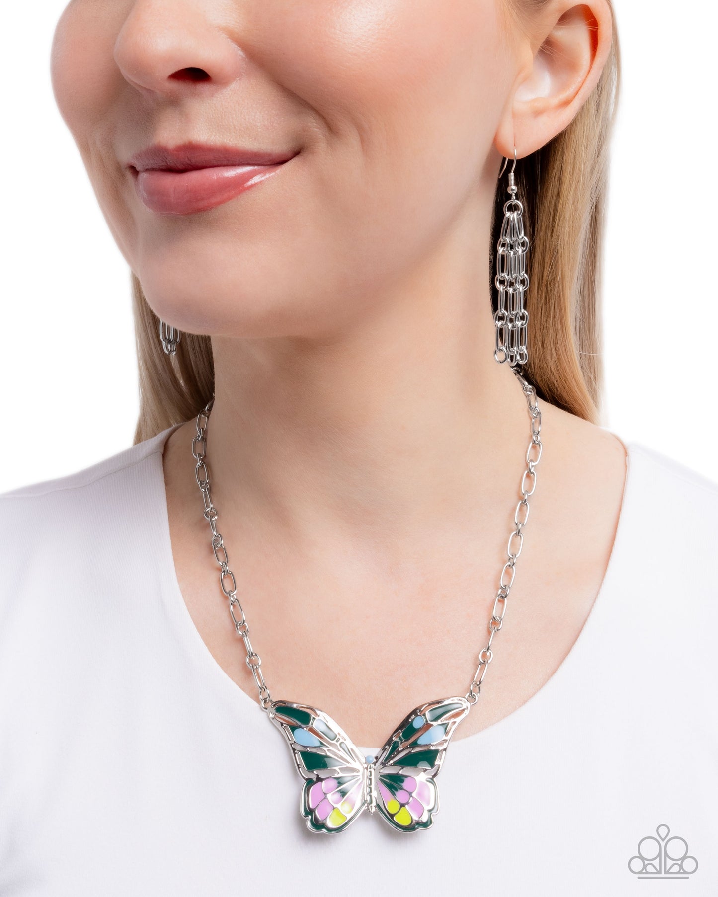 Aerial Accolade - Green Enamel Silver Butterfly Necklace - Paparazzi Accessories