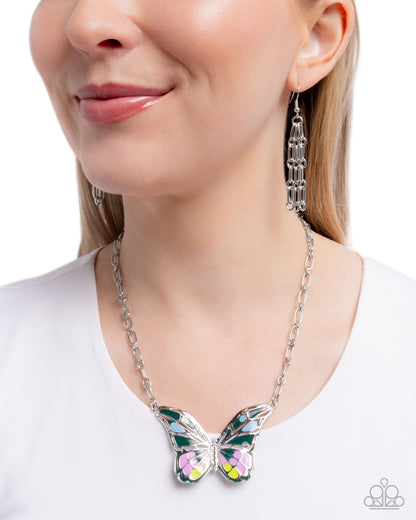 Aerial Accolade - Green Enamel Silver Butterfly Necklace - Paparazzi Accessories