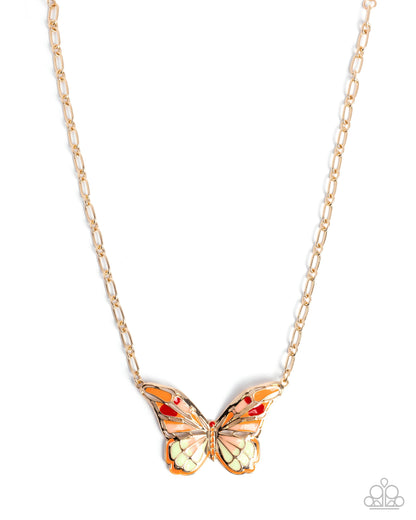 Aerial Accolade - Orange Enamel Butterfly Gold Necklace - Paparazzi Accessories