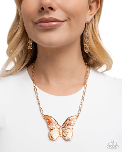 Aerial Accolade - Orange Enamel Butterfly Gold Necklace - Paparazzi Accessories