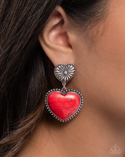 Rustic Reinvention - Red Crackle Stone Heart Silver Post Earrings - Paparazzi Accessories