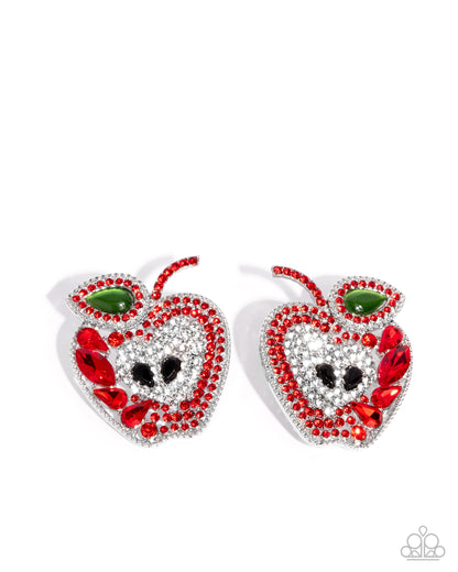 Apple for the Teacher - Red Rhinestone Post Back Earrings - Paparazzi Accessories