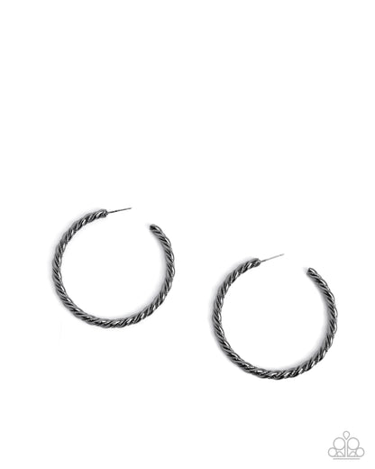 Coiled Class - Black Twisted Hoop Earrings - Paparazzi Accessories