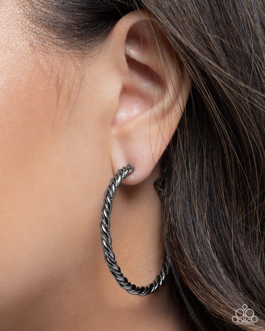 Coiled Class - Black Twisted Hoop Earrings - Paparazzi Accessories