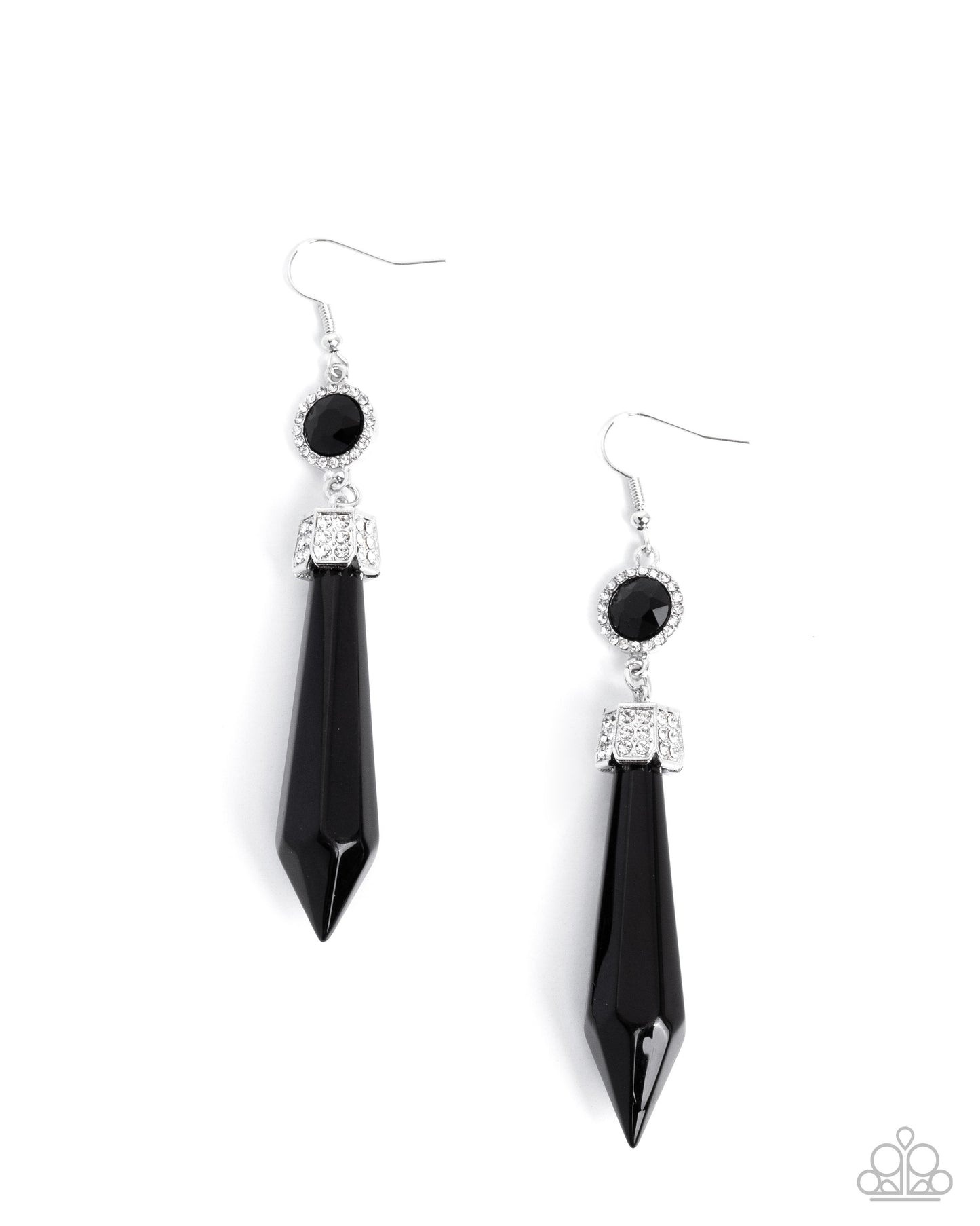 Palatial Pizzazz - Black Gemstone, White Rhinestone Silver Fishhook Earrings - Paparazzi Accessories