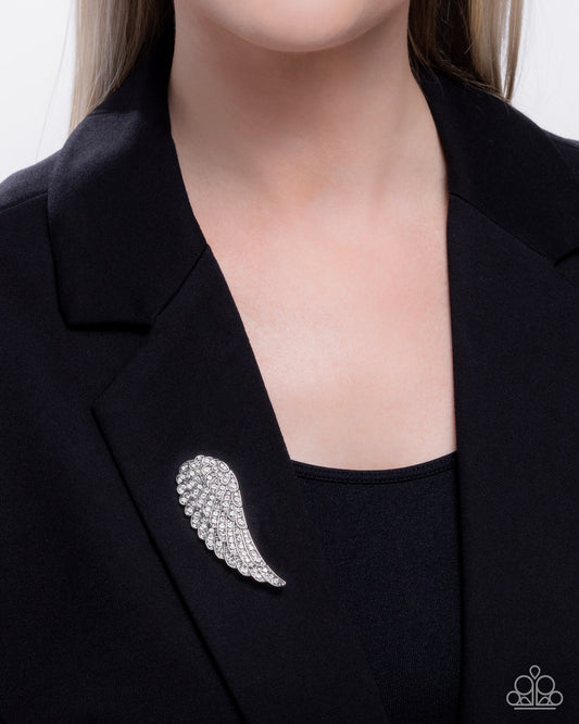 Angelic Affection - White Rhinestone Silver Angel Wing Brooch - Paparazzi Accessories