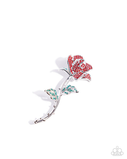 Reliable Rose - Red & Green Rhinestone Silver Brooch - Paparazzi Accessories