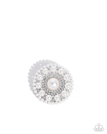Posh Paladin - White Pearl and Rhinestone Brooch - Paparazzi Accessories