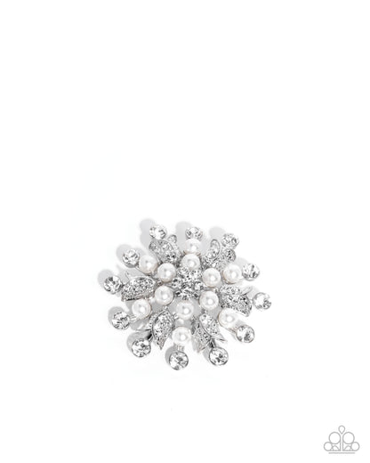 Pearly Prologue - White Pearl & Rhinestone Silver Brooch - Paparazzi Accessories