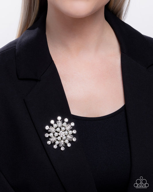Pearly Prologue - White Pearl & Rhinestone Silver Brooch - Paparazzi Accessories
