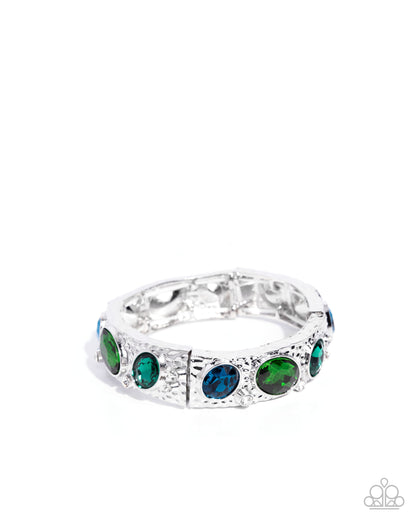 Colorful Castle - Green Oval Gems Hammered Silver Stretchy Bracelet - Paparazzi Accessories