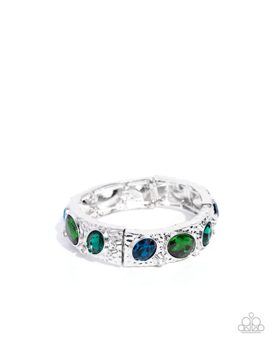 Colorful Castle - Green Oval Gems Hammered Silver Stretchy Bracelet - Paparazzi Accessories
