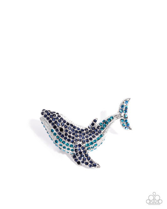 Whale of a Time - Blue Iridescent Rhinestone Silver Whale Ring - Paparazzi Accessories