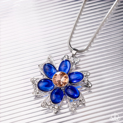 Floral Figurehead - Blue Transparent Bead, Iridescent Gem, Silver Flower Necklace - Paparazzi Accessories