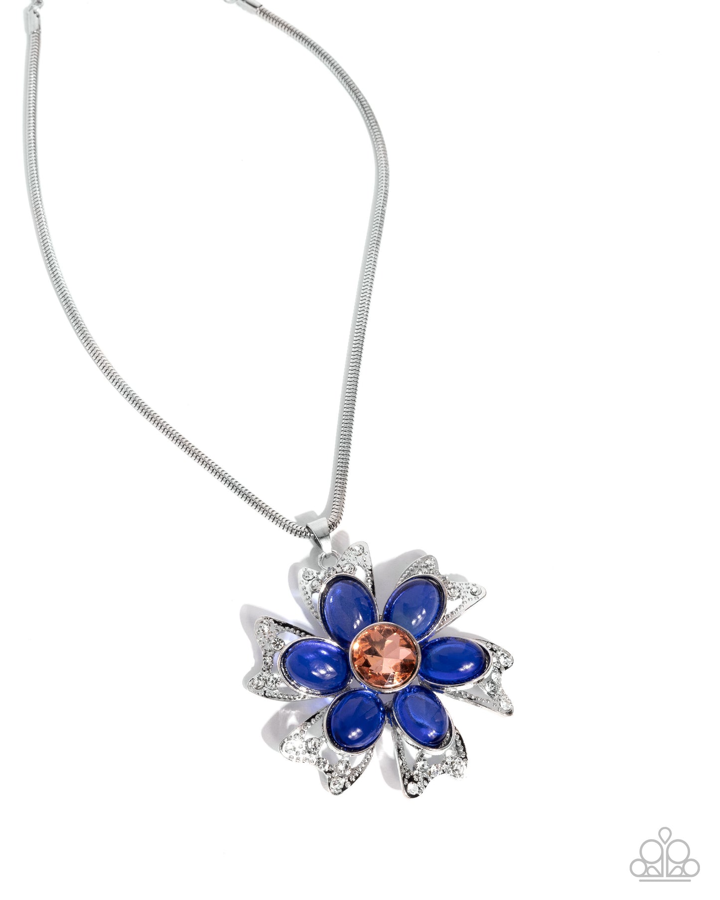 Floral Figurehead - Blue Transparent Bead, Iridescent Gem, Silver Flower Necklace - Paparazzi Accessories