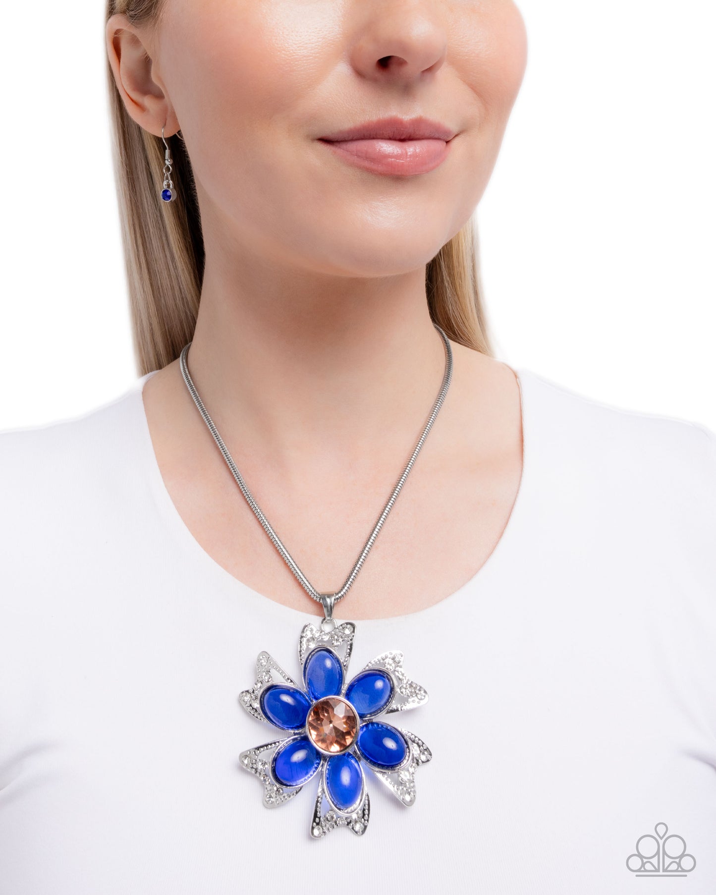 Floral Figurehead - Blue Transparent Bead, Iridescent Gem, Silver Flower Necklace - Paparazzi Accessories