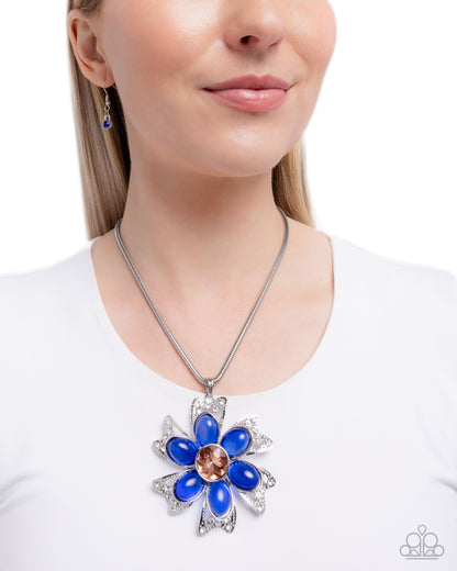 Floral Figurehead - Blue Transparent Bead, Iridescent Gem, Silver Flower Necklace - Paparazzi Accessories