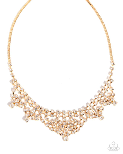 Square Selfie - Gold White Rhinestone Necklace - Paparazzi Accessories