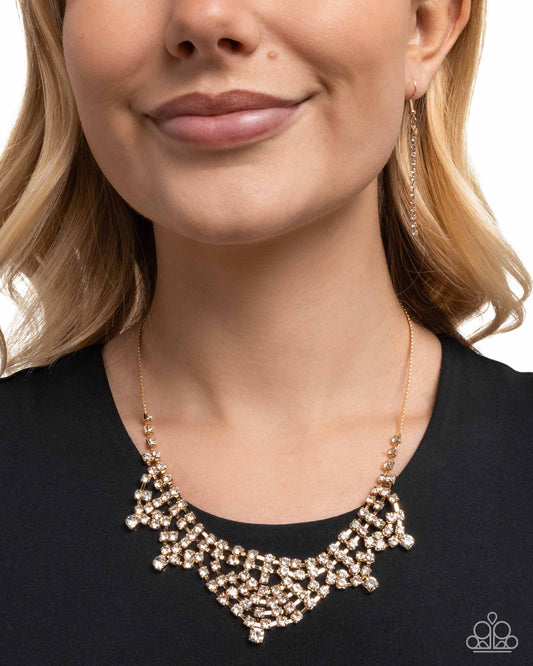 Square Selfie - Gold White Rhinestone Necklace - Paparazzi Accessories