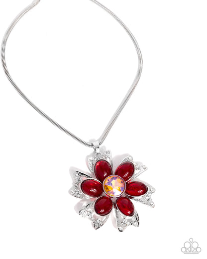 Floral Figurehead - Red Transparent Bead, Iridescent Gem, Silver Flower Necklace - Paparazzi Accessories